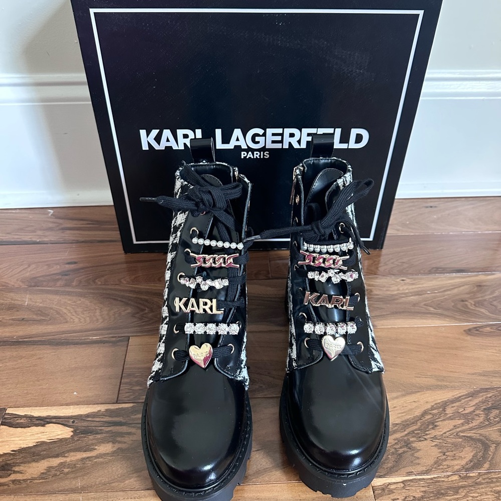 Karl Lagerfeld Mela Black & White Houndstooth Boots size 6